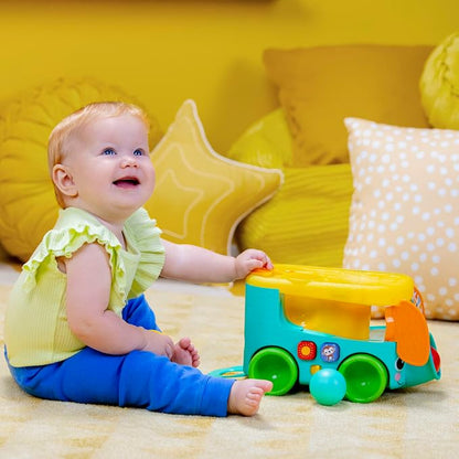 Bright Starts Pop & Roll Safari Bus Ball Play Toy, Elephant Popper and Launcher, Baby Crawling Toy, Unisex, Ages 6 Months+