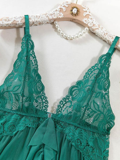 Foxiny Sexy Open Front V Neck Ruffle Sheer Mesh Lace Wireless Babydoll Lingerie Dress with Thong 2 Piece
