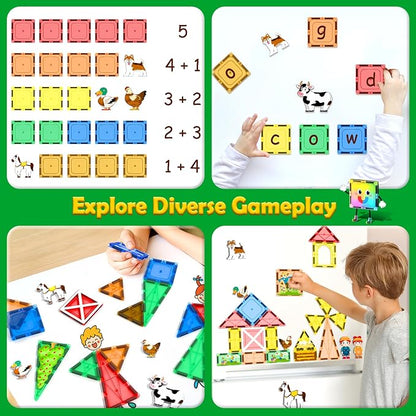 105 PCS Magnetic Tiles with Farm Animals, Magnetic Blocks Building Toys for 3+ Year Old Toddler, Construction STEM Magnet Toys Gift for Kids, Boys and Girls 3 4 5 6 7 8+ Year Old