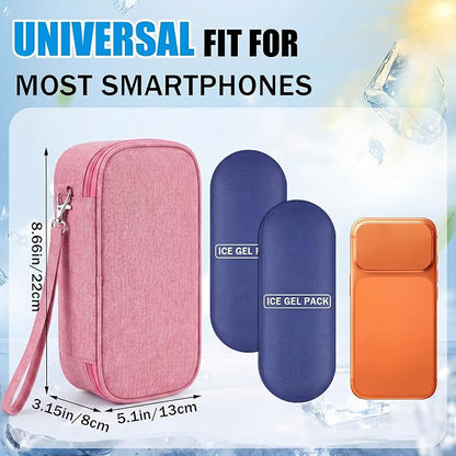 Phone Cooler Bag for Beach, Portable Phone Cooling Pouch with 2 Reusable Ice Packs, Keeps Cool in Extreme Heat for Car Pool Hiking, Extends Battery Life, Fits All Smartphones(Pink,Fabric)