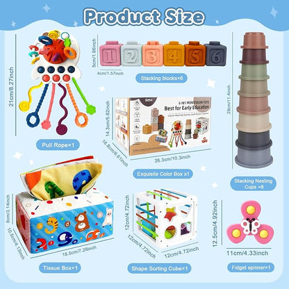 6 in 1 Montessori Baby Toys for 6-12 Months — Pull String Toy, Sensory Bin, Stacking Cups, Tissue Box, Suction Cup Spinner, Stacking Blocks, Infant Gift Set for 1-3 Year Old Boy Girls