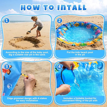 4.9 X 4.9 Feet Baby Beach Pool, Waterproof Beach Pool Blanket for Toddler, 2 in 1 Toddler Paddling Pool with Carrying Bag, Collapsible Beach Puddle Mat for Boys Girls Kids Infant Outdoor Beach Toys