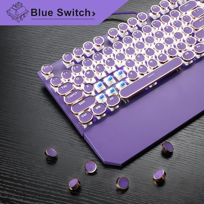 Camiysn Typewriter Style Mechanical Gaming Keyboard, Purple Retro Punk Gaming Keyboard with White Backlit, 104 Keys Blue Switch Wired Cute Keyboards, Round Keycaps for Windows/Mac/PC