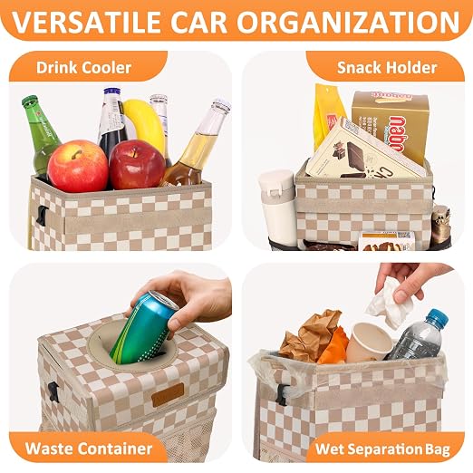 Vankor Car Trash Can Bin with Lid Hanging for Back Seat, Car Accessories for Women Men Leak Proof Automotive Garbage Cans Leakproof Vehicle Trash Can for Truck SUV,Khaki Checkered