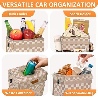 Vankor Car Trash Can Bin with Lid Hanging for Back Seat, Car Accessories for Women Men Leak Proof Automotive Garbage Cans Leakproof Vehicle Trash Can for Truck SUV,Khaki Checkered