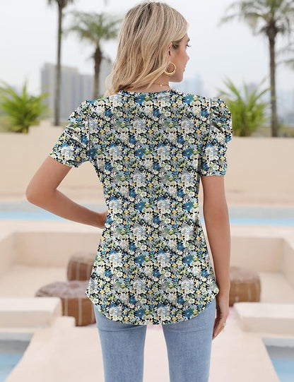 Ivicoer Puff Short Sleeve Shirt for Women Eyelet Tops Summer Crewneck Blouse Loose Fit S-XXL