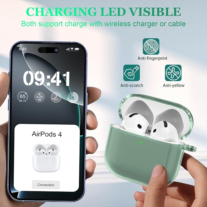 for AirPods 4th Generation Case Cover 2024, Military-Grade Shockproof, Soft TPU Highly Transparent Anti-Yellowing for AirPods 4 Case with Cleaning Kit & Cute Round Buckle, Clear Green