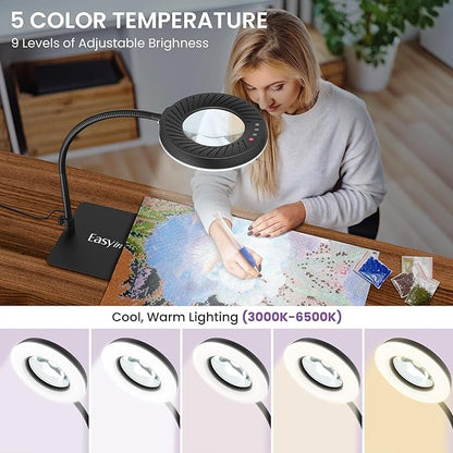 EASYINBEAUTY 8X Magnifying Glass with Light and Stand, 5 Color Modes & 9-Level Dimmable, 2-in-1 LED Magnifying Desk Lamp with Clamp, Gooseneck Magnifying Light for Crafts Hands Free, Close Work, Read