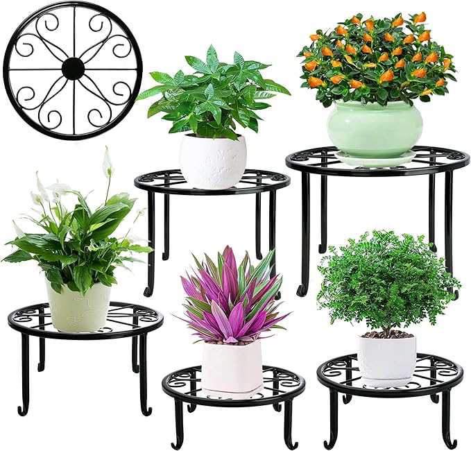 Metal Plant Stand 5 Pack Plant Stands for Indoor Outdoor Plants Multiple Heavy Duty Flower Pot Stand Holder Rustproof Iron Round Plant Shelf for Planter Outdoor Plant Stand for Patio & Garden Décor