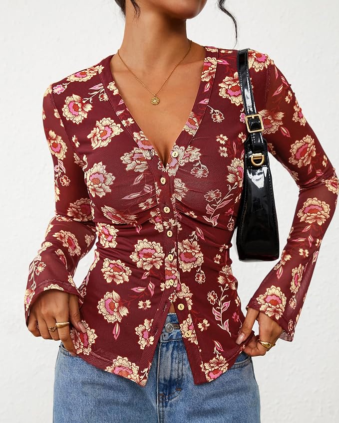 BTFBM Button Down Shirts for Women 2026 Fall Boho Tops V Neck Long Sleeve Blouses Ruched Mesh Fitted Fashion Clothing