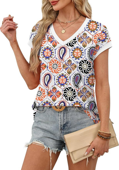 WIHOLL Womens Summer Tops 2026 Cap Short Sleeve Shirs V Neck T Shirts Fashion Beach Vacation Clothes Color Block