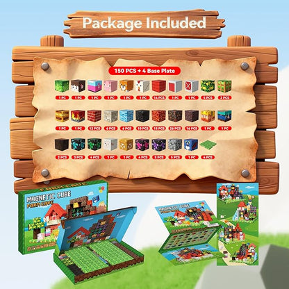 150 PCS Magnetic Blocks, Magnetic Building Blocks Cubes, Farm Magnet Toys for Kids Ages 3+, Magnet Blocks with 4 Bottom Plate for Boys, STEM Toys & Ideal Christmas Birthday Gift