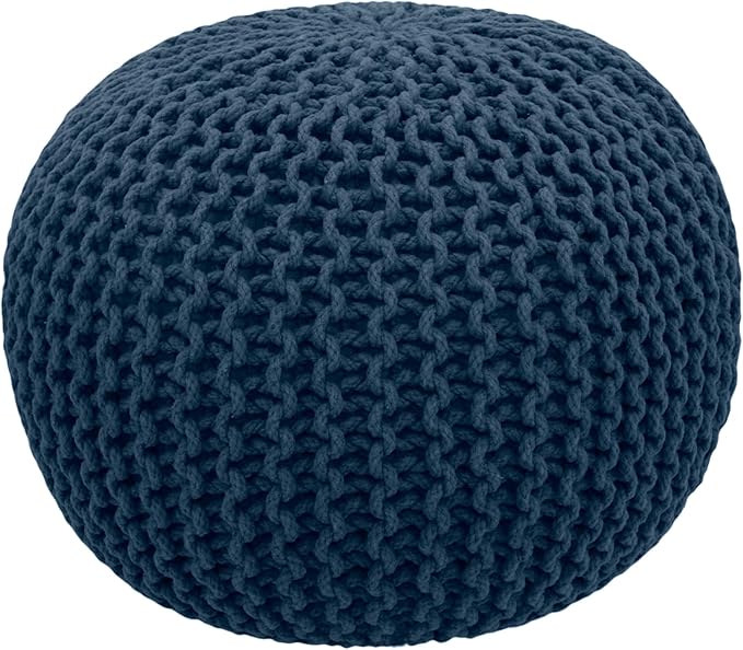 COTTON CRAFT - Hand Knitted Cable Style Dori Pouf - Blue - Floor Ottoman - Cotton Braid Cord - Handmade & Hand Stitched - Truly one of a Kind Seating - 20 Dia x 14 High