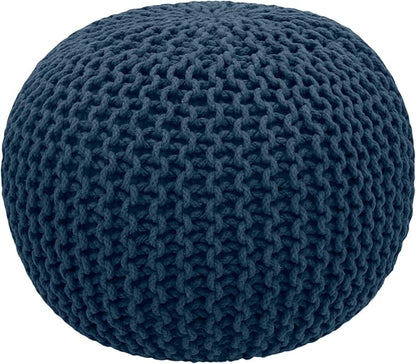COTTON CRAFT - Hand Knitted Cable Style Dori Pouf - Blue - Floor Ottoman - Cotton Braid Cord - Handmade & Hand Stitched - Truly one of a Kind Seating - 20 Dia x 14 High