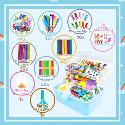 ZEIZHUBN Arts and Crafts Supplies for Kids Crafts Kit with Pipe Cleaners DIY Crafts for Kids Art School Supplies Materials All in Crafting Box Craft Supply Set Gifts for Kid Girls Boys Age 4-8, 8-12
