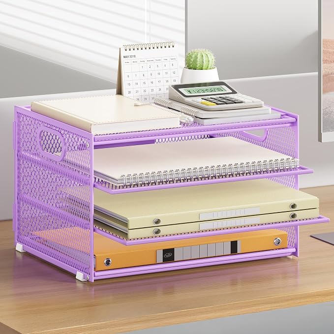 Subekyu Paper Letter Tray Organizer for Desk, Purple Metal Mesh Desk File Sorter Organizer with Handle and 2 Sliding Trays for Home Office School Supplies Organization