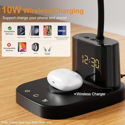 10W Wireless Charging LED Desk Lamp with Clock, Light Black | CRI 95, 800LM, Stepless Dimming, 3 Modes, 360°Flexible Arm, Touch, Study Table Lamp for Home Office, Dorm Room, with Adapter