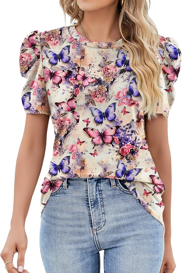 Ivicoer Puff Short Sleeve Shirt for Women Eyelet Tops Summer Crewneck Blouse Loose Fit S-XXL