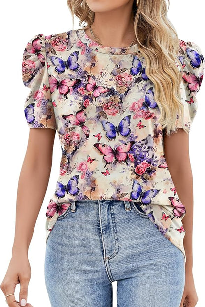 Ivicoer Puff Short Sleeve Shirt for Women Eyelet Tops Summer Crewneck Blouse Loose Fit S-XXL