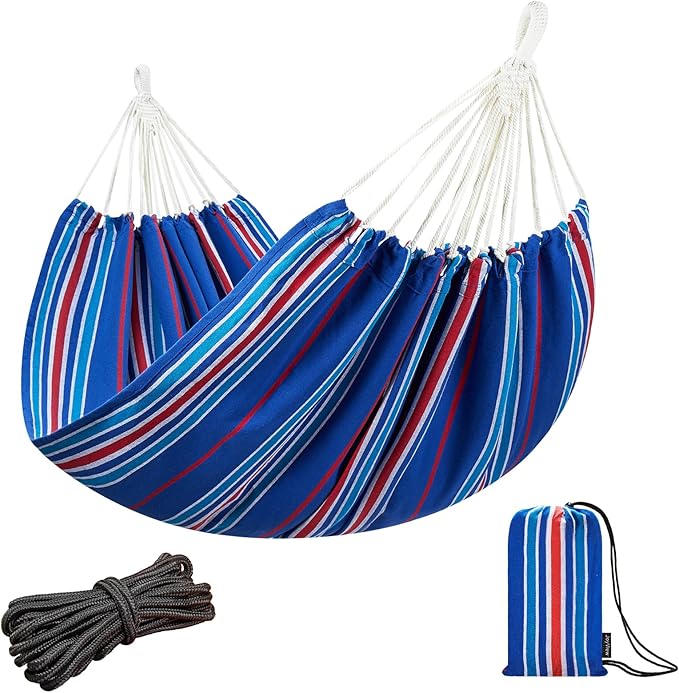 JoyView Brazilian Double Hammock with Hanging Ropes Extra Large 86.6x59” Portable Cotton Hammock for Patio Backyard Porch 450LBS Weight Capacity Perfect for Outdoor/Indoor - Blue Stripe