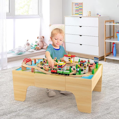 Costzon Train Table, 3-in-1 Wooden Train Set Table w/Reversible 84 PCS Track Train Toys, Table Map & Storage Drawer for Building, Playing, Studying, Kids Activity Table for Toddlers Aged 18 M+