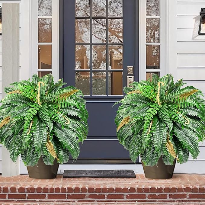 Set of 2 Large Autumn 88 Leaves Artificial Ferns for Outdoors Look Real, Fake Faux Boston Ferns for Outdoor Planter Realistic UV Resistant Artificial Fake Plants for Porch Patio Hanging 47 inch