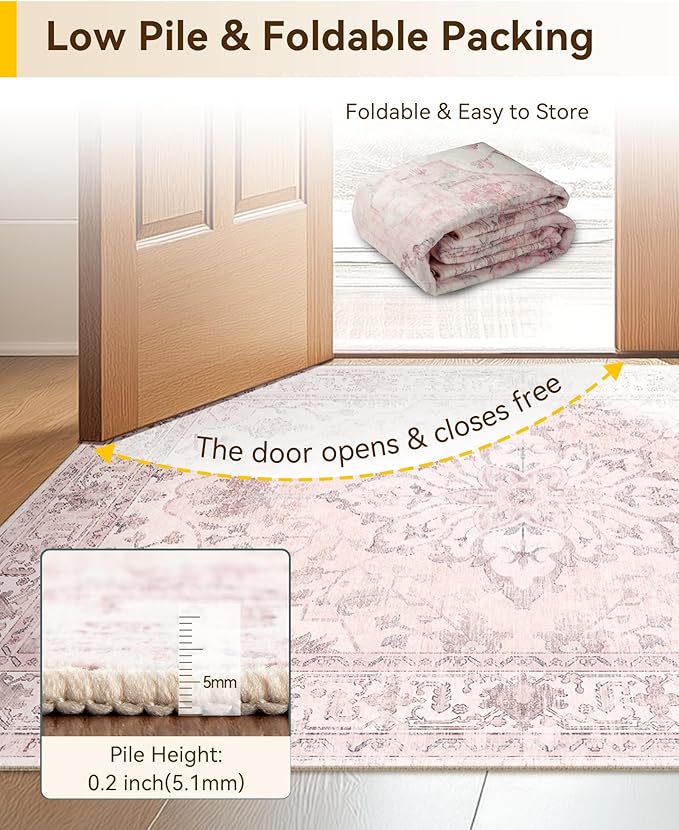 RELEANY Area Rugs 3'x5' Washable Non-Slip, Floral Vintage Distress Medallion Carpet for Living Room Bedroom Dining Room, Pink Greypink Cute