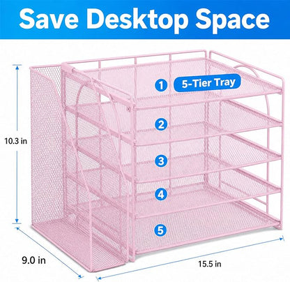 OPNICE Desk Organizer, 5-Tier Paper Organizer Letter Tray with Magazine Holder, Office Desk Accessories & Workspace Organizers, Desktop File Organizer for Office Supplies Storage, Pink