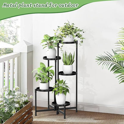 MOKANI Metal Plant Stand Indoor Outdoor for Multiple Plants, 5 Tiered Folding Corner Shelf Tall Flower Pot Holder Display Rack for Patio Living Room Balcony Garden, Black