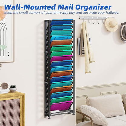 Simple Trending Wall File Organizer, 18-Tier Mesh Hanging Paper Document Folder Holder, Desktop Metal Files Storage Rack for Office and Home, Black