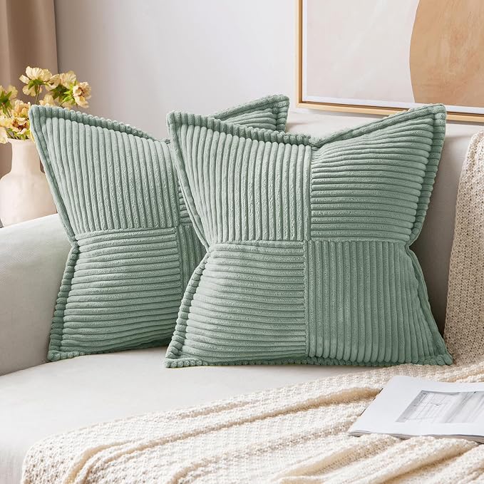MIULEE Spring Decorative Throw Pillow Covers for Couch Bed Livingroom 18x18 Inch Set of 2 Greyish Green Boho Accent Throw Pllows Broadside Striped Patchwork Soft Corduroy Summer Pillowcases