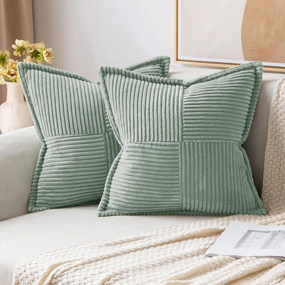 MIULEE Spring Decorative Throw Pillow Covers for Couch Bed Livingroom 18x18 Inch Set of 2 Greyish Green Boho Accent Throw Pllows Broadside Striped Patchwork Soft Corduroy Summer Pillowcases