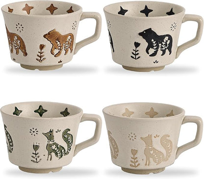 12 oz Vintage Ceramic Coffee Mug Set of 4 - Handmade Stoneware Pottery Countryside Farmhouse Fall Autumn Tea Mugs with Big Handle for Latte,Cocoa,Dishwasher & Microwave Safe Cups (Animals)