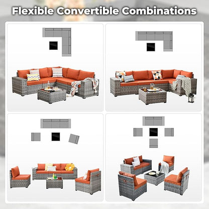 ovios 6 Pieces Patio Furniture Set, Outdoor Wicker Sectional Sofa with Glass Table Comfy Cushions, Modern Modular Deep Seat Couch Rattan Conversation Set, Orange Red