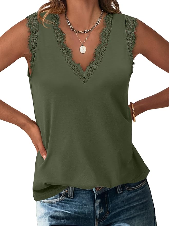 ANRABESS Womens Lace Trim Tank Tops V Neck Sleeveless Shirts 2026 Summer Casual Trendy Dressy Cami Top