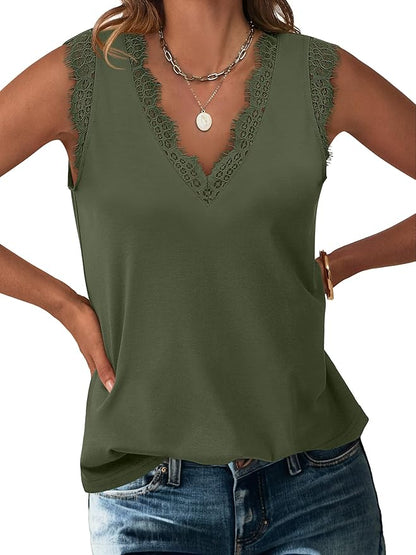 ANRABESS Womens Lace Trim Tank Tops V Neck Sleeveless Shirts 2026 Summer Casual Trendy Dressy Cami Top