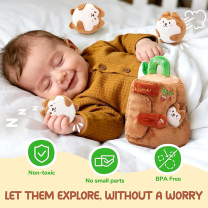 JoyCat Baby Toys 6-12 Months - Soft Baby Treehouse with 5 Sensory Squirrels - Rattle, Crinkle Paper, Squeaker, Mirror, Busy Montessori Soft Toys for Toddlers 0-3 Years Old - Easter Basket Stuffers