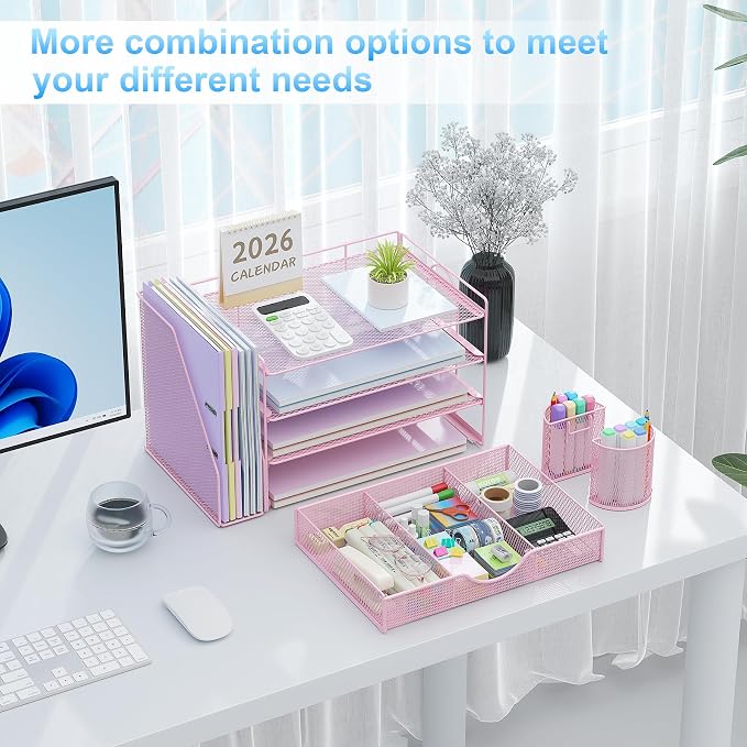 gianotter Desk Organizers and Accessories with File Holder, 4-Tier Desk Accessories & Workspace Organizers with Drawer and 2 Pen Holder, Paper Organizer for Office Supplies (Pink)