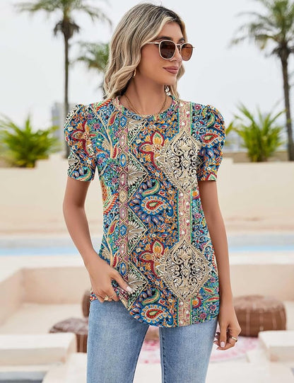 Ivicoer Puff Short Sleeve Shirt for Women Eyelet Tops Summer Crewneck Blouse Loose Fit S-XXL