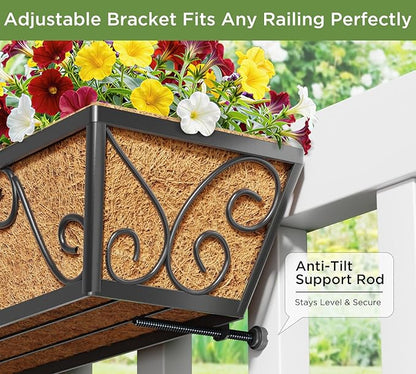 4pcs 30 Inch Window Deck with Coco Liner, 30" Window Boxes Horse Trough with Coconut Coir Liner, Metal Hanging Flower Planter Window Basket Deck Railing Planter Boxes for Outdoor Indoor Lawn