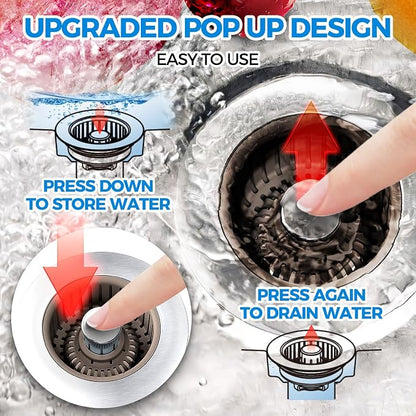 zaa 3 in 1 Kitchen Sink Drain Strainer Stopper Removable Basket Pop-Up | Kitchen Sink Accessories 1 Pack Brown Stainless - Food Catcher, Odor-Blocking Seal, Fits 3.5" Drain, Easy Clean