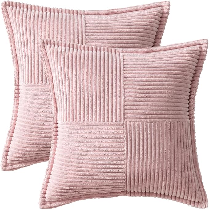 MIULEE Spring Decorative Throw Pillow Covers for Couch Bed Livingroom 20x20 Inch Set of 2 Pink Boho Accent Throw Pllows Broadside Striped Patchwork Soft Corduroy Pillowcases Valentine Decor