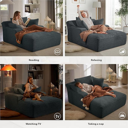 50 Inch Chaise Lounge Chair Indoor, Oversized Corduroy Upholstered Boneless Sofa Bed, Deep Seat Sleeper Couch Reading Chairs, Cloud Sofas Couches for Living Room, No Assembly Required (Dark Grey)