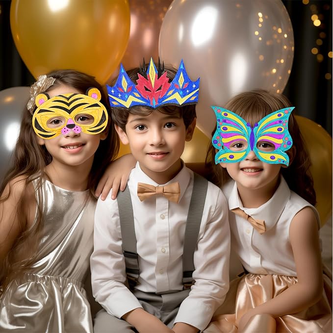 48 PCS Color Your Own Paper Crowns and Paper Masks, DIY Art Coloring Craft Activity for Kids Birthday Dress up Party Favors Decoration, School Home Art Coloring Activities