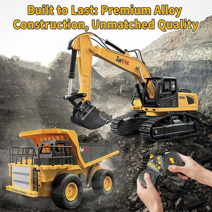 Joylike RC Excavator and Dump Truck Toy Set，2.4Ghz Metal Remote Control Construction Vehicle with Light&Sound, Best Christmas Toy for Boys 8+Year Old Kid
