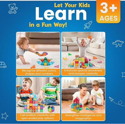 100 Pc Magnetic Tiles Magnetic Building Blocks Set for Kids Educational Magnet Tiles for Kids