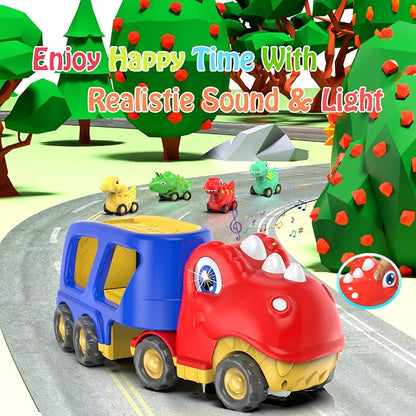 Veslier Toddler Car Toy for 2 3 4 5 Years Old, Dinosaur Transport Carrier Truck with 4 Pack Small Pull Back Dino Car, Friction Power Vehicle Christmas Birthday Gift for 18M+ Kids Boys Girls
