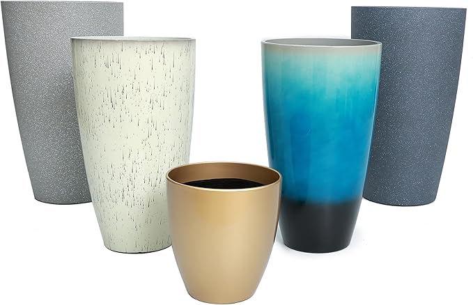 24,21,11 Inch Large Plastic Planters with Drainage Hole and Saucer - Set of 3 Tall Plant Pots Indoor Flower Pot Tall Round Planters Outdoor Large Tall Planter
