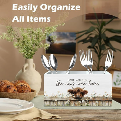 DILSJ Highland Cow Decor Pen Pencil Holder Organizer for Desk, Highland Cow Gifts for Women, Love Your Till the Cows Come Home Wooden Box Signs for Home Office Desk Tabletop Decoration