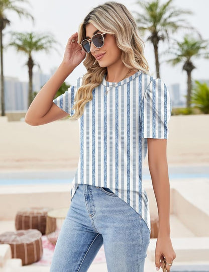 Ivicoer Puff Short Sleeve Shirt for Women Eyelet Tops Summer Crewneck Blouse Loose Fit S-XXL